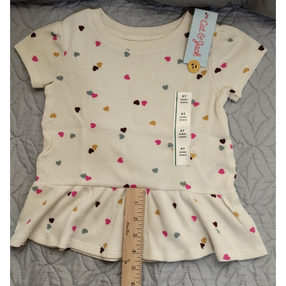 NWT, Cat & Jack Girls 4T Drop-Waist Shirt, Cream With Mini Colored Hearts - Picture 5 of 9